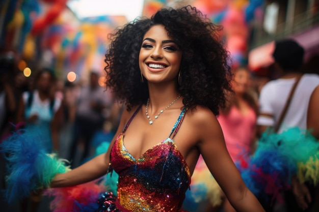 Molto bella ragazza latina calda indossa abiti da carnevale Un festival di strada vibrante e vivace a Rio de Ja
