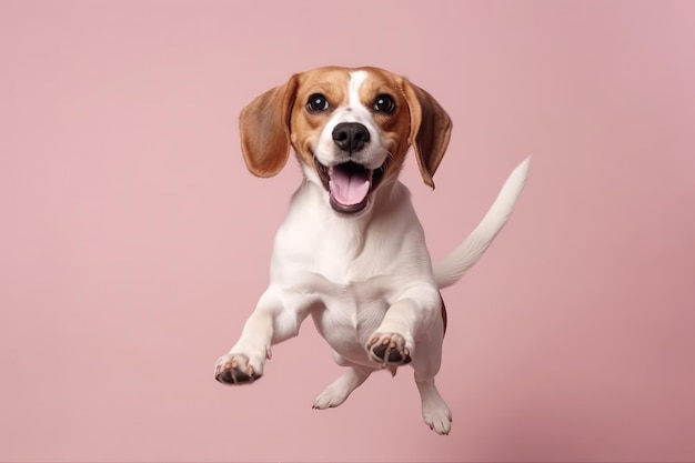 Molto felice allegro cane Beagle nel salto in volo su sfondo rosa chiaro Full Body Wide Angle generativa AI