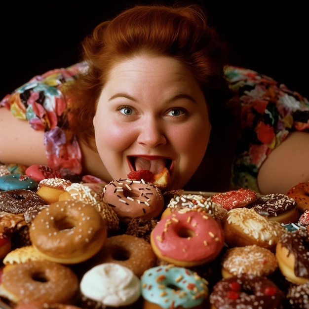 Molto grasso corpo positivo donna e molte diverse ciambelle di dolci davanti alla sua donna mangia dolci