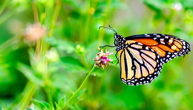 Momenti accattivanti nella natura Farfalla monarca appollaiata su una pianta verde vibrante libera