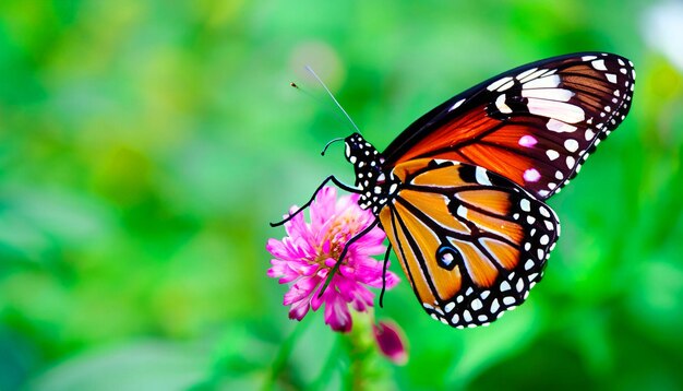 Momenti accattivanti nella natura Farfalla monarca appollaiata su una pianta verde vibrante libera