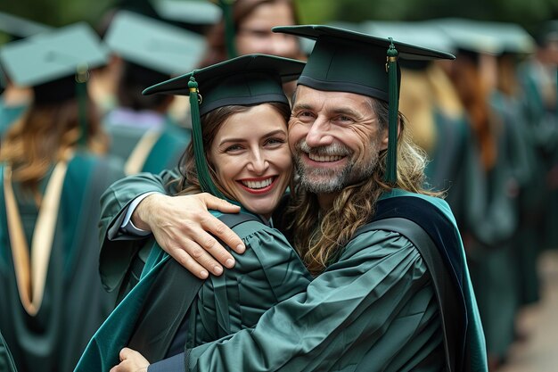 Momenti emotivi quando i laureati che indossano abiti verdi e cappelli si abbracciano dopo la cerimonia