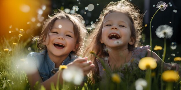 Momenti gioiosi dell'infanzia catturati tra denti di leone e risate solari e giochi nella luce dell'ora dorata AI