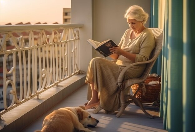 Momenti sereni Una signora anziana si diverte a leggere sul balcone con il suo fedele compagno canino generato dall'AI