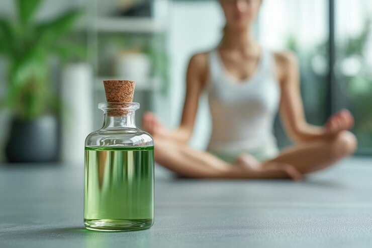 Momenti tranquilli Olio essenziale Yoga Una bottiglia di olio essenziale verde in primo piano con una donna che pratica pacificamente lo yoga sullo sfondo softfocus Una scena di serenità e benessere