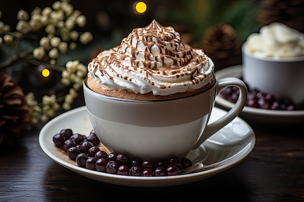 Momento accogliente Cioccolata calda con panna montata nel caffè rustico generativo IA