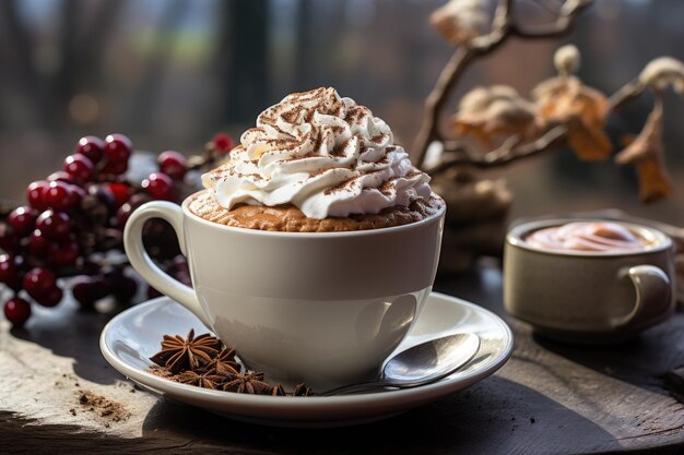 Momento accogliente Cioccolata calda con panna montata nel caffè rustico generativo IA