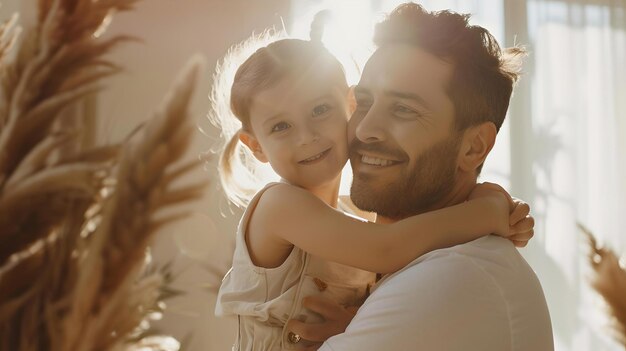 Momento caldo di padre e figlio catturato alla luce del sole abbraccio sincero amore familiare ritratto perfetto per il contenuto di stile di vita AI