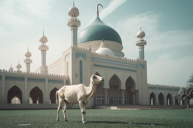 Momento di Eid al adha con capra e moschea