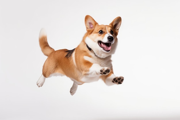 Momento di salto del Welsh Corgi su sfondo bianco