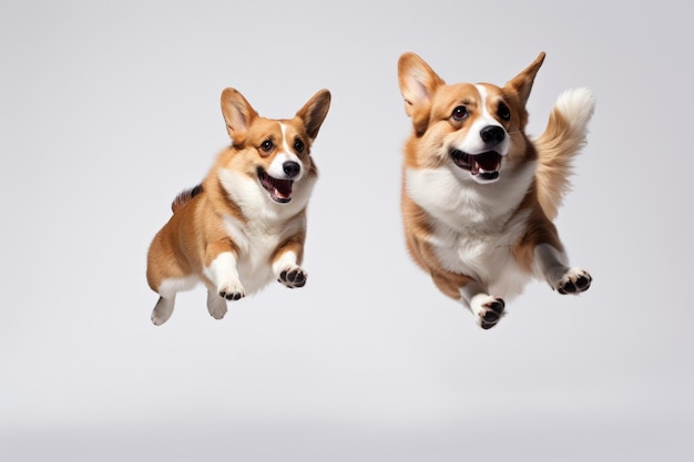 Momento di salto Due cani corgi gallesi su sfondo bianco