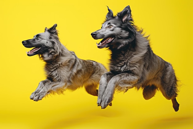 Momento di salto Due cani Nebelung su sfondo giallo