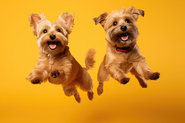Momento di salto Due cani Norfolk Terrier su sfondo giallo