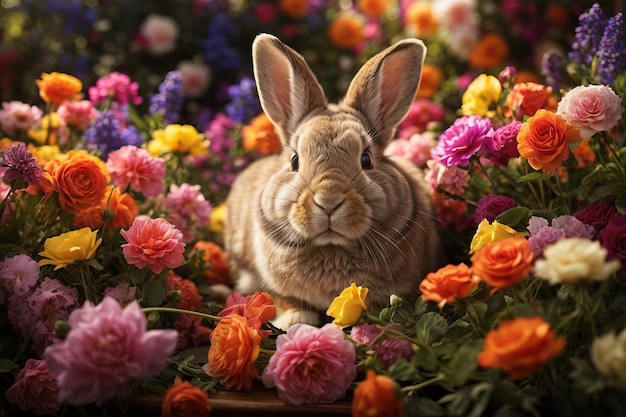 Momento incantevole: l'avventura giocosa del coniglio nel giardino fiorito