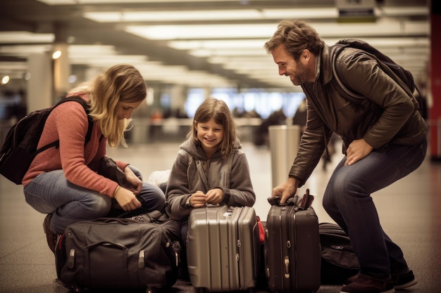 momento sincero di una famiglia con bagagli che interagiscono tra loro in un terminal di un aeroporto