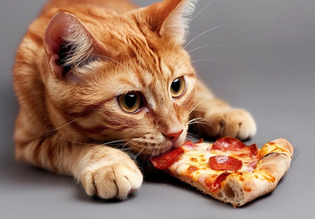 Momento stravagante catturato di un gatto adorabile che si gode una deliziosa fetta di pizza classica