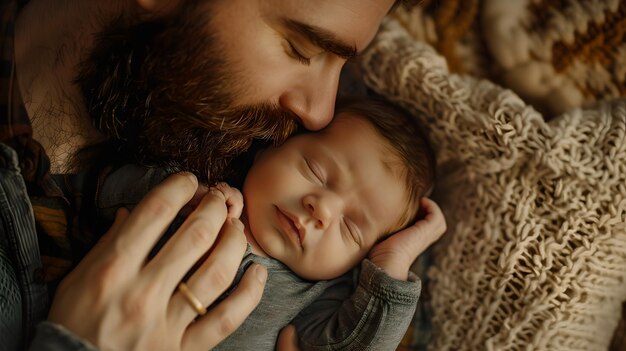 Momento tenero di un padre barbuto che accarezza dolcemente un neonato addormentato Il tema dell'amore e della cura della famiglia catturato in un ritratto intimo Perfetto per l'uso genitoriale e dello stile di vita AI