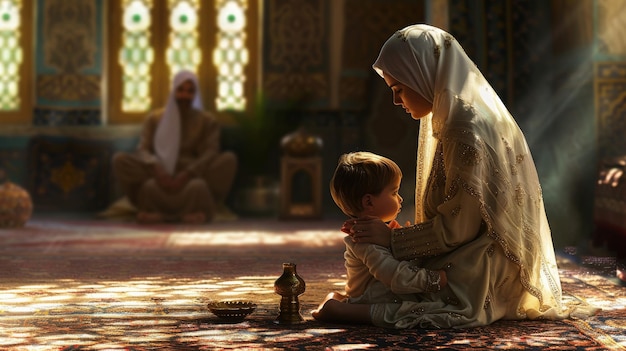 momento tenero di una madre che insegna a suo figlio sul Ramadan