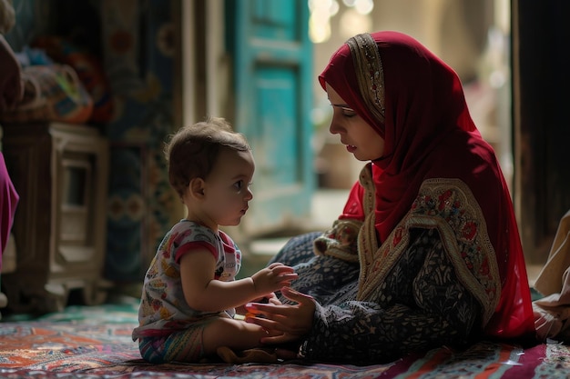 momento tenero di una madre che insegna a suo figlio sul Ramadan