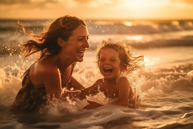 Momento tra una madre e sua figlia mentre sguazzano giocosamente nel mare IA generativa