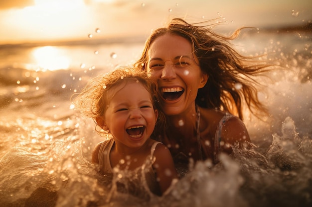 Momento tra una madre e sua figlia mentre si bagnano giocosamente in mare AI generativa