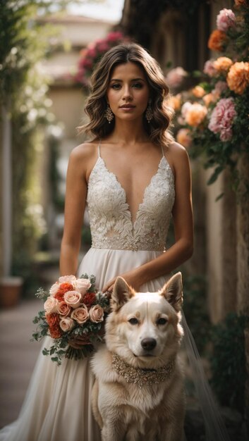 Momento Unico Novia y Perro con Collar Floral en Servicio de Boda PetFriendly