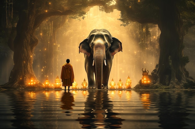 Monaci buddisti ed elefanti nella foresta concetto di attività buddista generativo Ai