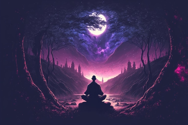 Monaco buddista che medita sotto il cielo notturno delle stelle