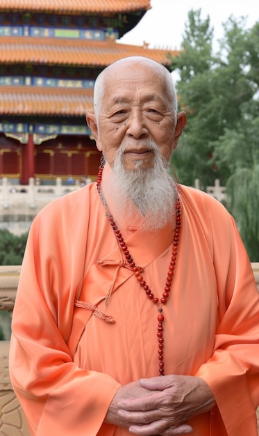 Monaco buddista Shaolin prega in abiti culturali nazionali si trova di fronte al monastero religione buddismo meditazione di un monaco credente Imparare Zen e pulire l'aura aprire i chakra