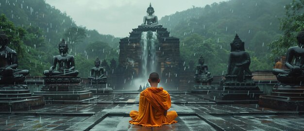 Monaco che medita davanti alle statue di Buddha e alle cascate