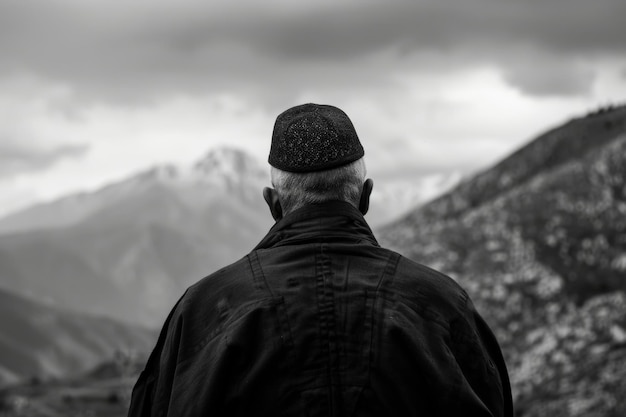 monaco ortodosso russo in piedi in montagna dalla sua schiena in montagna