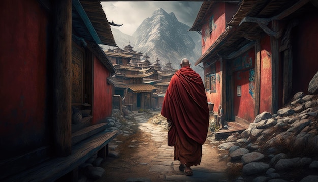 Monaco tibetano in abito rosso che cammina sul sentiero tra il villaggio di montagna vista posteriore bellissimo paesaggio naturale
