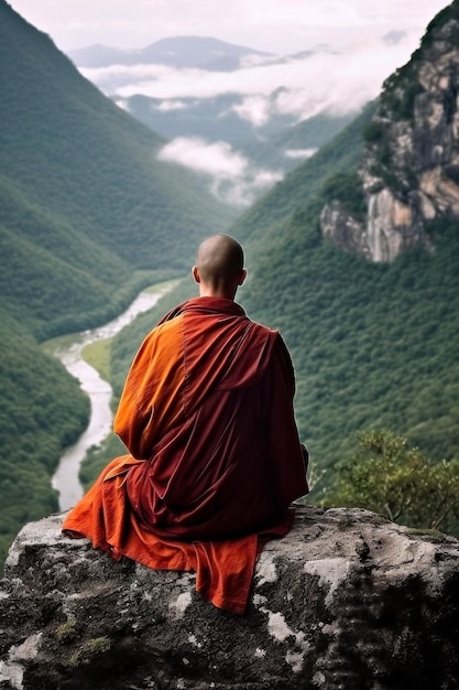 Monaco tibetano seduto su una pietra meditando in una montagna vista posteriore IA generativa