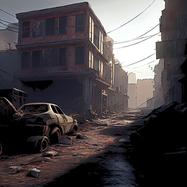 Mondo apocalittico Illustrazione della città distrutta Zombie apocalisse concept art Virus