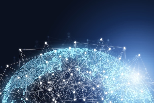 Mondo con linea di connessione e luce incandescente, reti globali per l'innovazione aziendale e tecnologica e il concetto di trasformazione dei big data