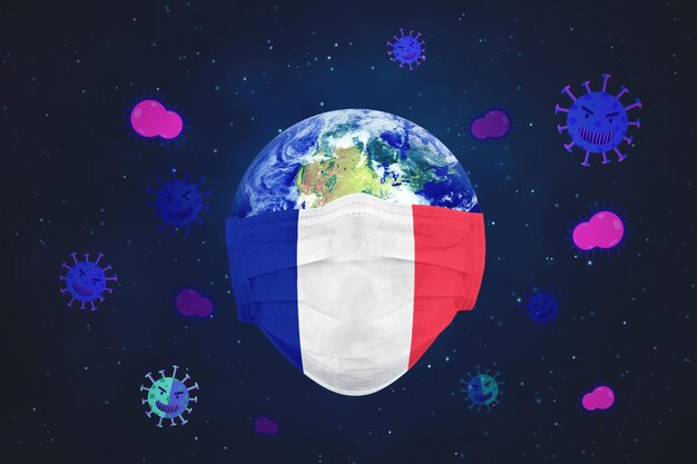 Mondo con maschera facciale bandiera francese e coronavirus