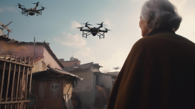 Mondo Futuro Una donna anziana circondata da uno stormo di droni