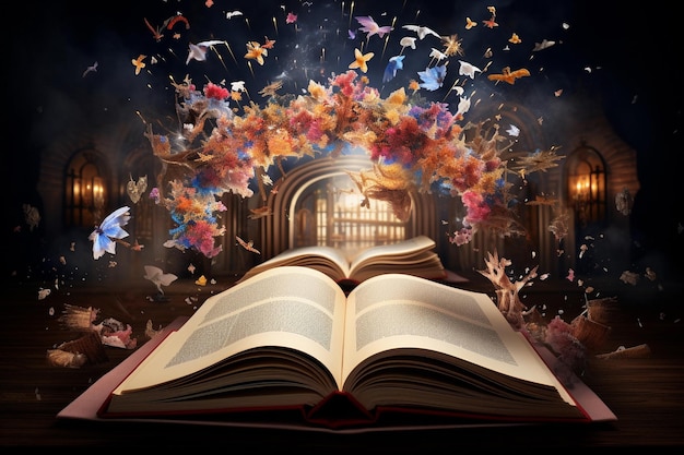 Mondo letterario Libro magico su un tavolo Concepto di istruzione e apprendimento
