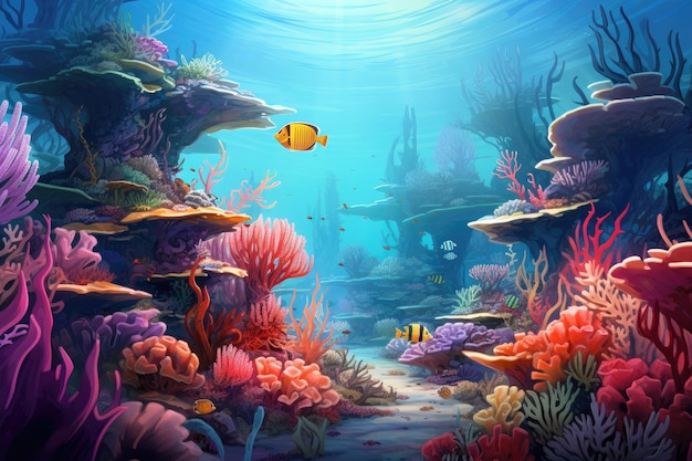 Mondo sottomarino con coralli e pesci Mondo sottomarino Paesaggio marino del giardino di coralli e mondo sottomarino generato dall'intelligenza artificiale