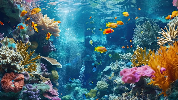 Mondo sottomarino coralli vita marina pesci colori scuri ambiente naturale flora e fauna raggi solari acqua acqua mare oceano stile realistico generato da AI