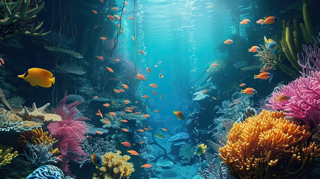 Mondo sottomarino coralli vita marina pesci colori scuri ambiente naturale flora e fauna raggi solari acqua acqua mare oceano stile realistico generato da AI