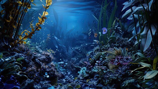 Mondo sottomarino coralli vita marina pesci toni blu e blu scuro ambiente naturale flora e fauna raggi solari acqua acqua mare oceano grande profondità stile realistico generato da AI