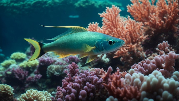 Mondo sottomarino nell'oceano o nel mare I pesci nuotano tra i coralli e le piante marine