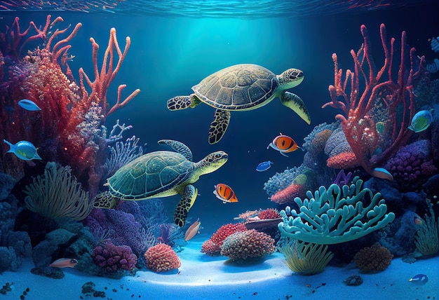 Mondo subacqueo Tartaruga illustrazione AI generativa
