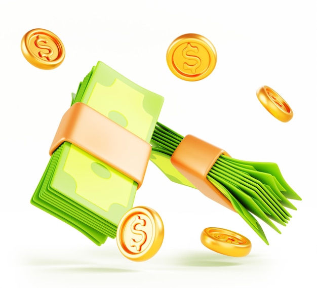 Moneta 3d icona di contanti banconote di carta pacchetto con moneta d'oro volante pila di dollari verdi banconote monete bundle elemento di design isolato concetto di affari e finanza banner di rendering cartone animato