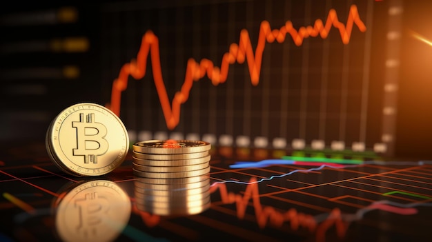 Moneta Bitcoin con un grafico sullo sfondo che mostra una tendenza al rialzo del prezzo