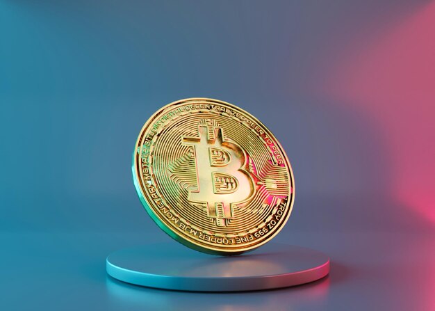 Moneta bitcoin dorata di criptovaluta con luci al neon Simbolo di moneta virtuale elettronica criptovaluta per il web banking e il pagamento di rete internazionale Tecnologia di finanza aziendale Rendering 3D