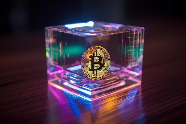 Moneta bitcoin dorata di criptovaluta in un cubo trasparente su uno sfondo scuro