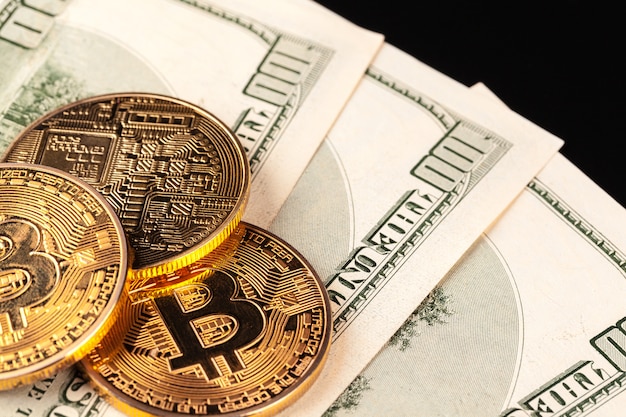 Moneta bitcoin dorata e dollari americani