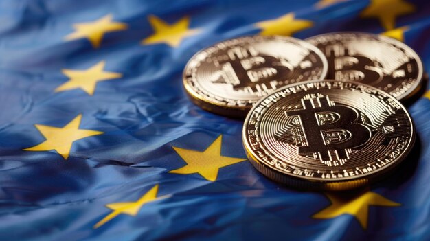 Moneta Bitcoin sullo sfondo della bandiera dell'UE per il banner del sito web